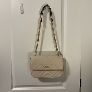GUESS Beige Quilted Shoulder Bag with Gold Chain